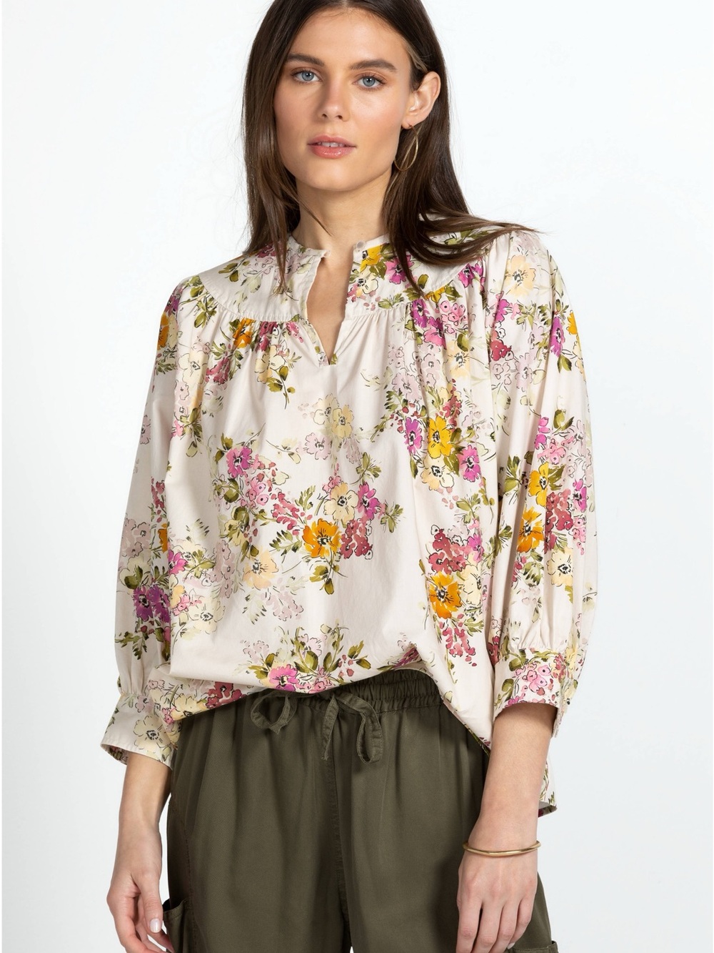 Johnny Was Cream Floral Peasant Blouse with Pink & Yellow Blooms size large